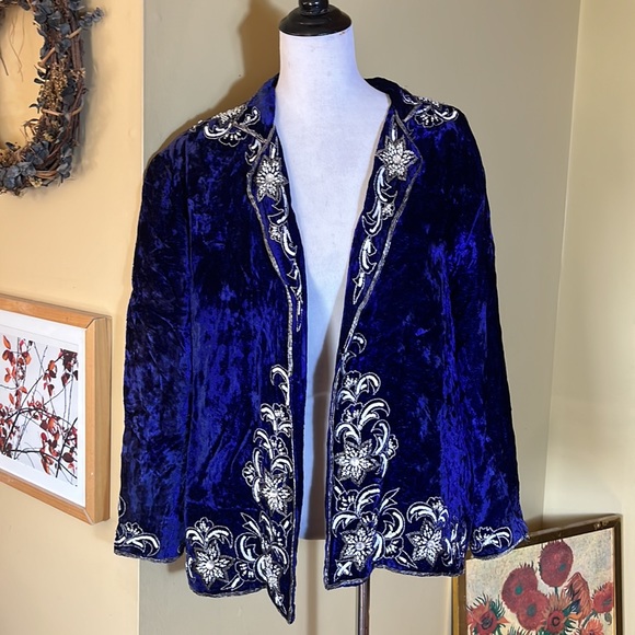 Vintage Blue Velvet Size Large Beaded Pearls Blazer Topper USA Made Event NYEve - Picture 5 of 12